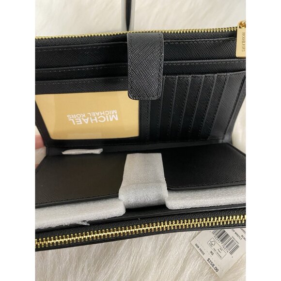 Michael Kors Saffiano Leather Double Zip Wallet Phone Case Wristlet Black Gold - Picture 8 of 10